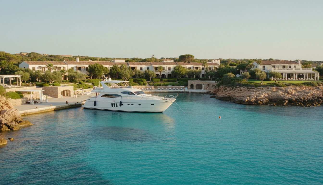 Hotel Sardinien: Luxusresort mit privater Marina, weiße Yacht in türkisfarbenem Wasser bei goldener Stunde.