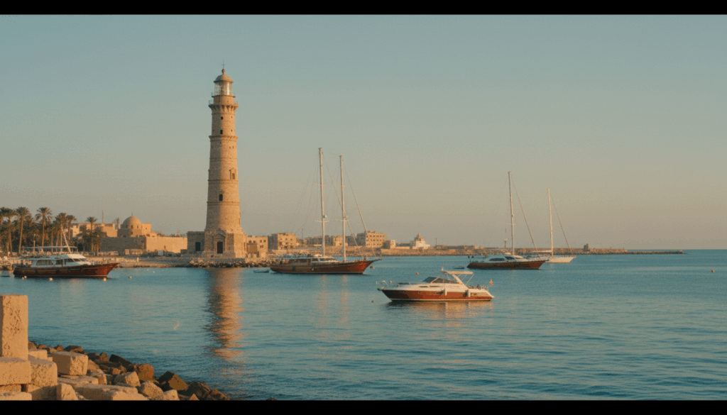Leuchtturm Alexandria am Meer bei goldenem Licht, historische Küste und Yachten auf türkisblauem Wasser