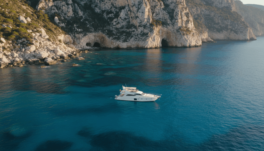 Weiße Luxusyacht segelt in türkisem Wasser vor den Kalkklippen des Golfs von Orosei