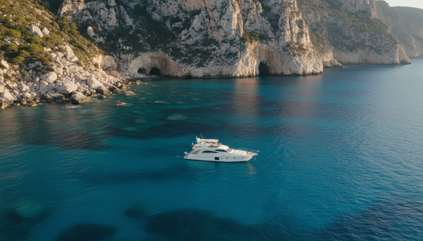 Weiße Luxusyacht segelt in türkisem Wasser vor den Kalkklippen des Golfs von Orosei