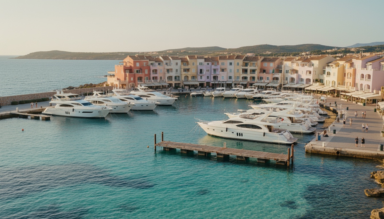 Luftaufnahme Porto Rotondo Olbia: Marina mit Luxus-Yachten in türkisfarbenem Wasser, pastellfarbene Häuser, DJI 8K