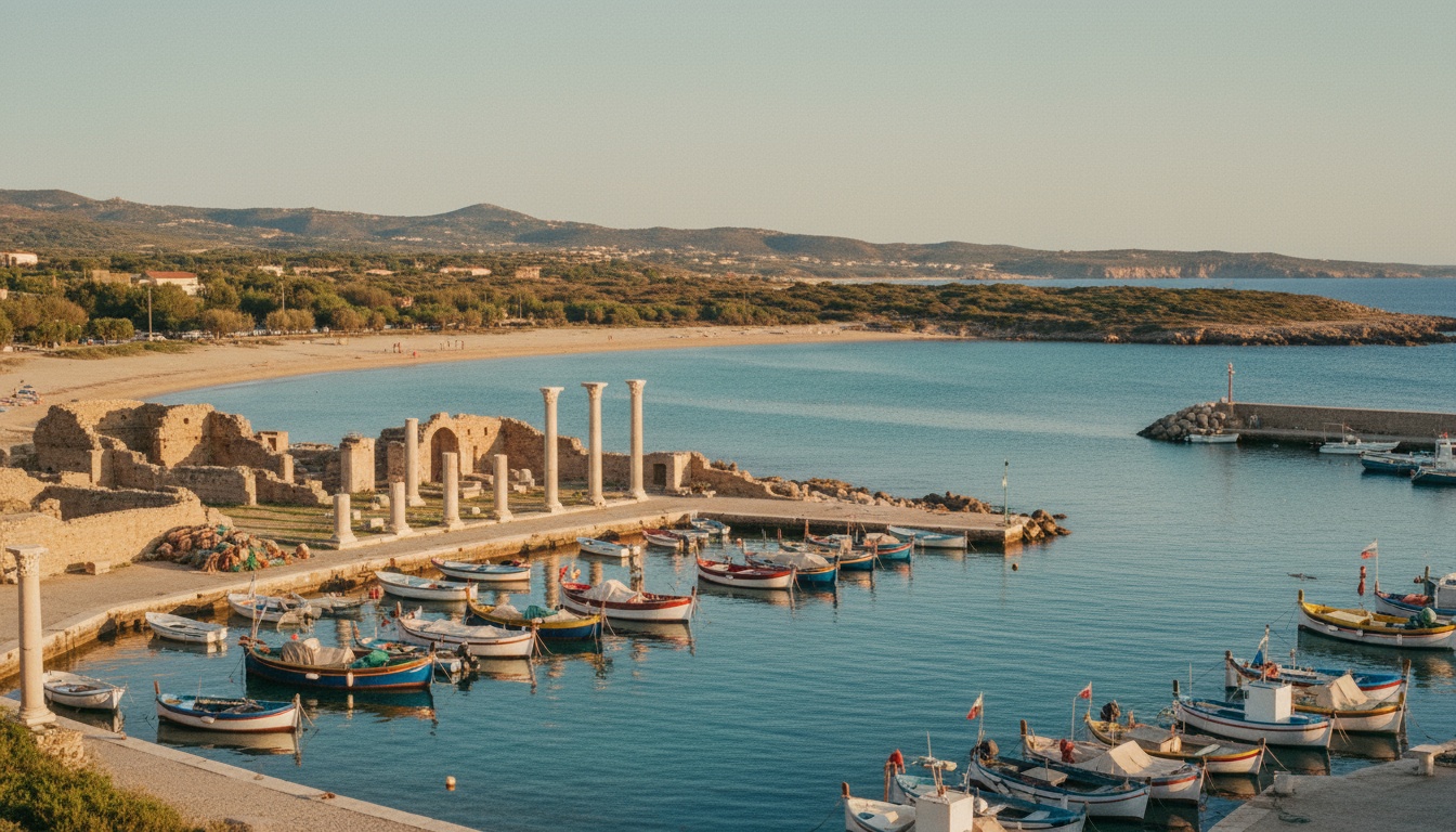 Historische Küstenstadt porto torres mit römischen Ruinen, Hafen mit bunten Booten und türkisfarbenem Meer bei goldenem Licht