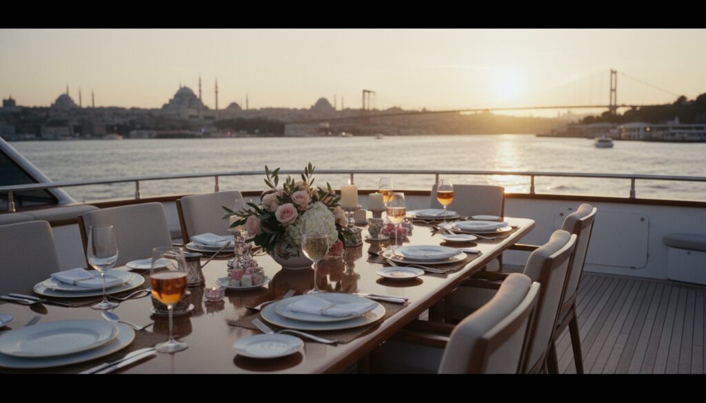 Private Dinner Cruise Istanbul mit elegant gedecktem Tisch auf Yacht, Bosporus und beleuchtete Moscheen