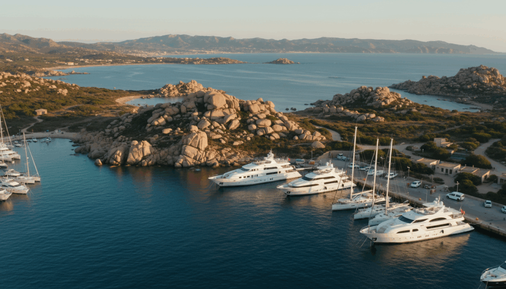 Luftaufnahme: Weiße Yachten in Santa Teresa Gallura vor Granitklippen und türkisfarbenem Meer