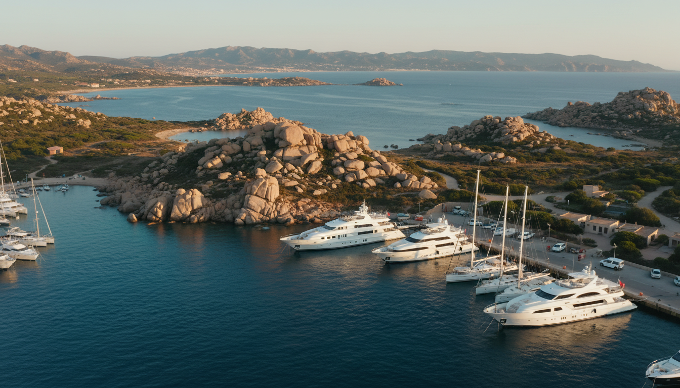 Luftaufnahme: Weiße Yachten in Santa Teresa Gallura vor Granitklippen und türkisfarbenem Meer