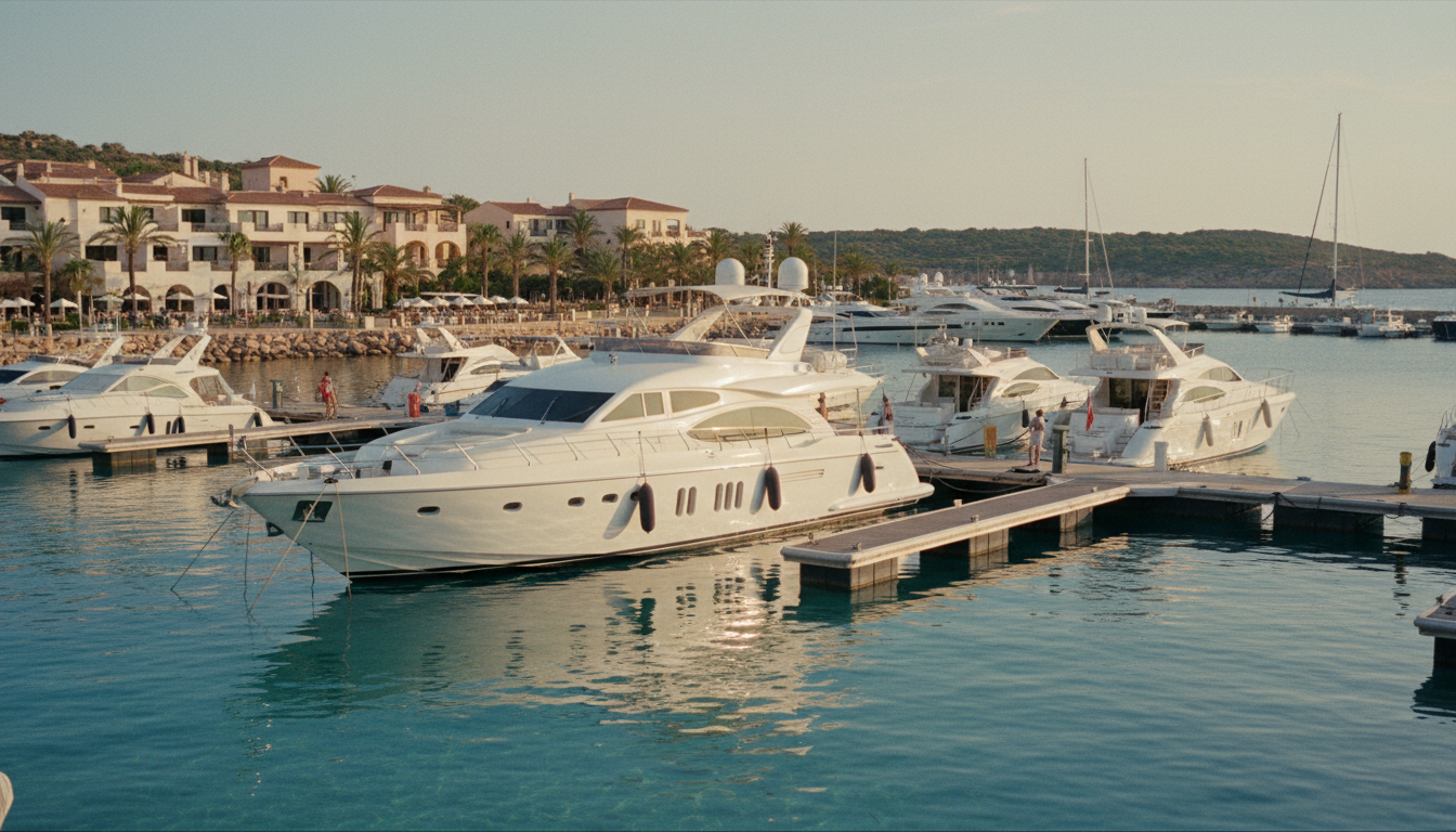 Marina in Sardinien mit weißen Yachten, terrakotta Hotels, türkis klarem Wasser und Palmen im Abendlicht – sardinien hotels