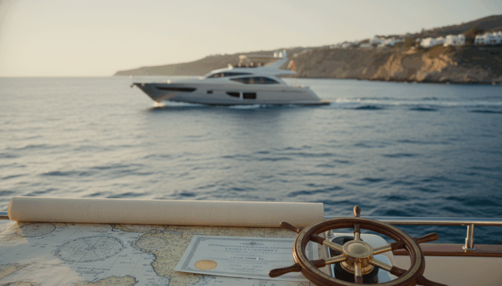 Luxusyacht auf ruhiger See bei Sonnenuntergang, nautische Karte und SBF See Bootsführerschein im Vordergrund.