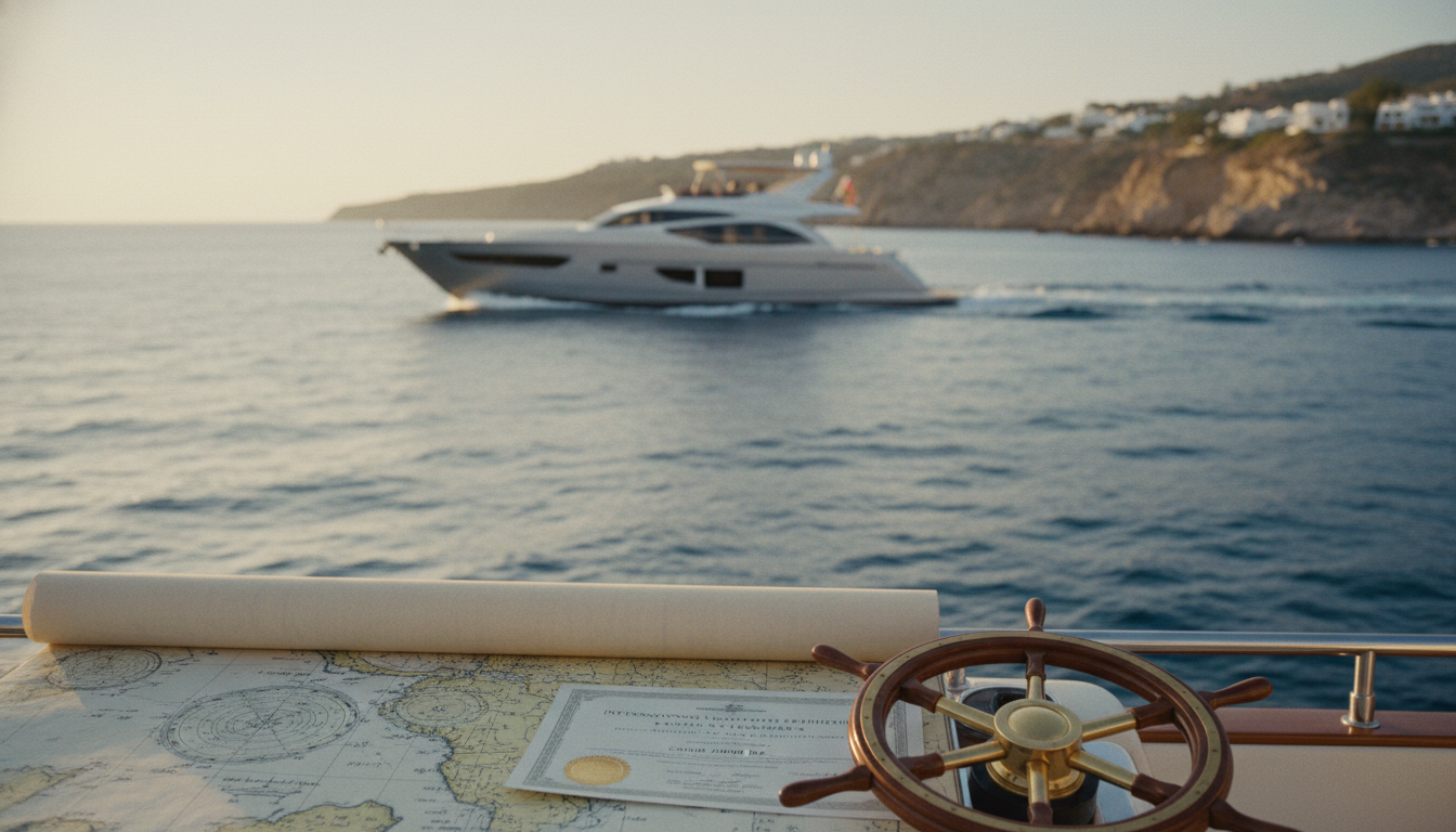Luxusyacht auf ruhiger See bei Sonnenuntergang, nautische Karte und SBF See Bootsführerschein im Vordergrund.