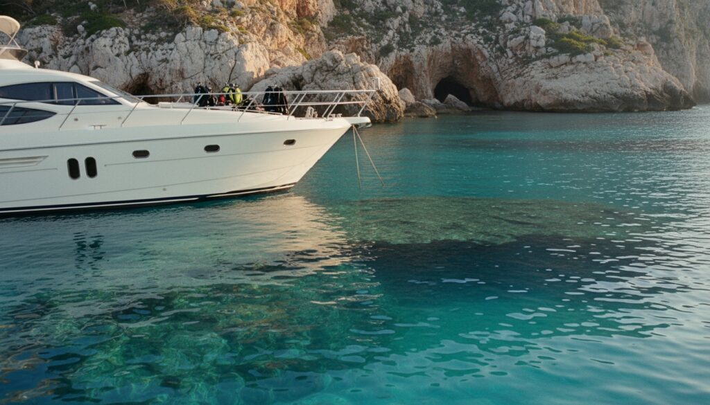 Luxusyacht über kristallklarem Wasser bei Ibiza, sichtbare Unterwasserfelsen und Tauchausrüstung – ideal zum tauchen ibiza
