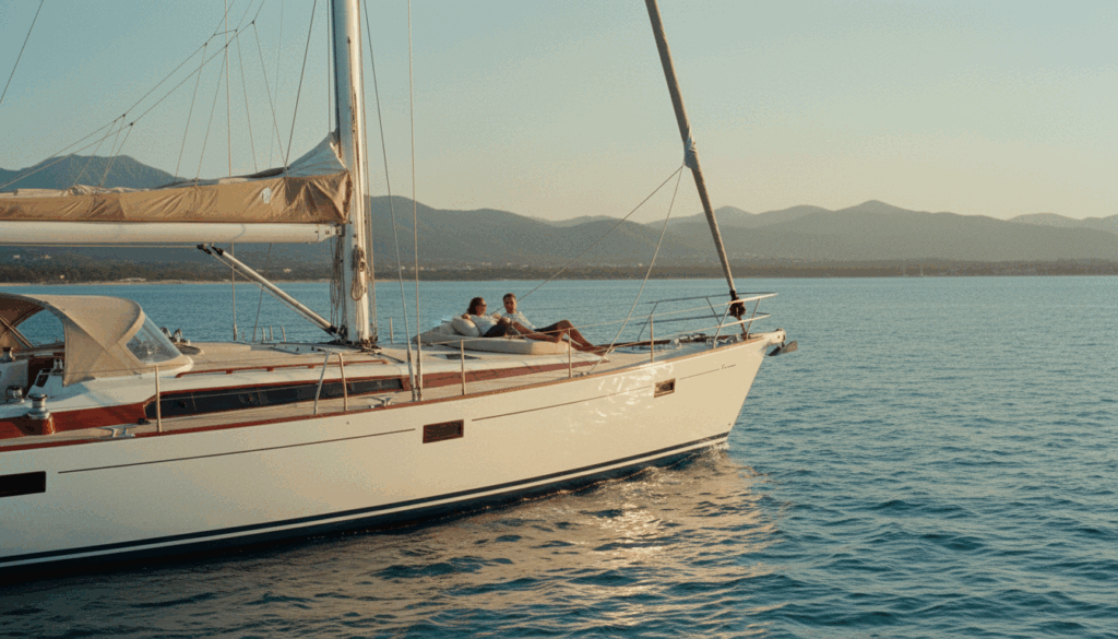 Yacht charter: elegante weiße Segelyacht auf türkisfarbenem Meer bei goldenem Abendlicht, Paar entspannt auf Deck