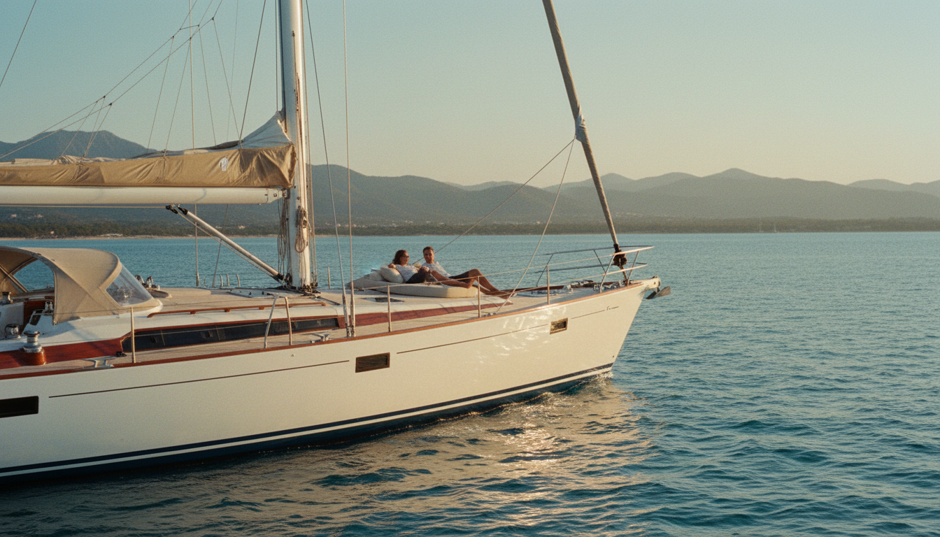 Yacht charter: elegante weiße Segelyacht auf türkisfarbenem Meer bei goldenem Abendlicht, Paar entspannt auf Deck