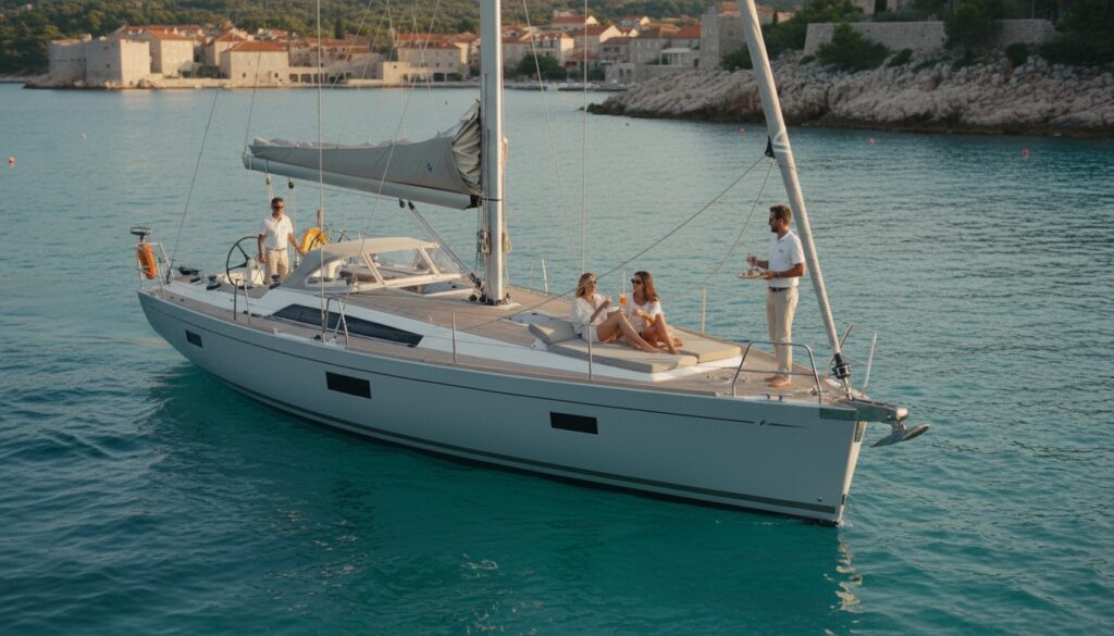 Luxusyacht vor historischer kroatischer Küste, Gäste relaxen an Deck – Yachtcharter Kroatien inklusive Skipper und Hostess