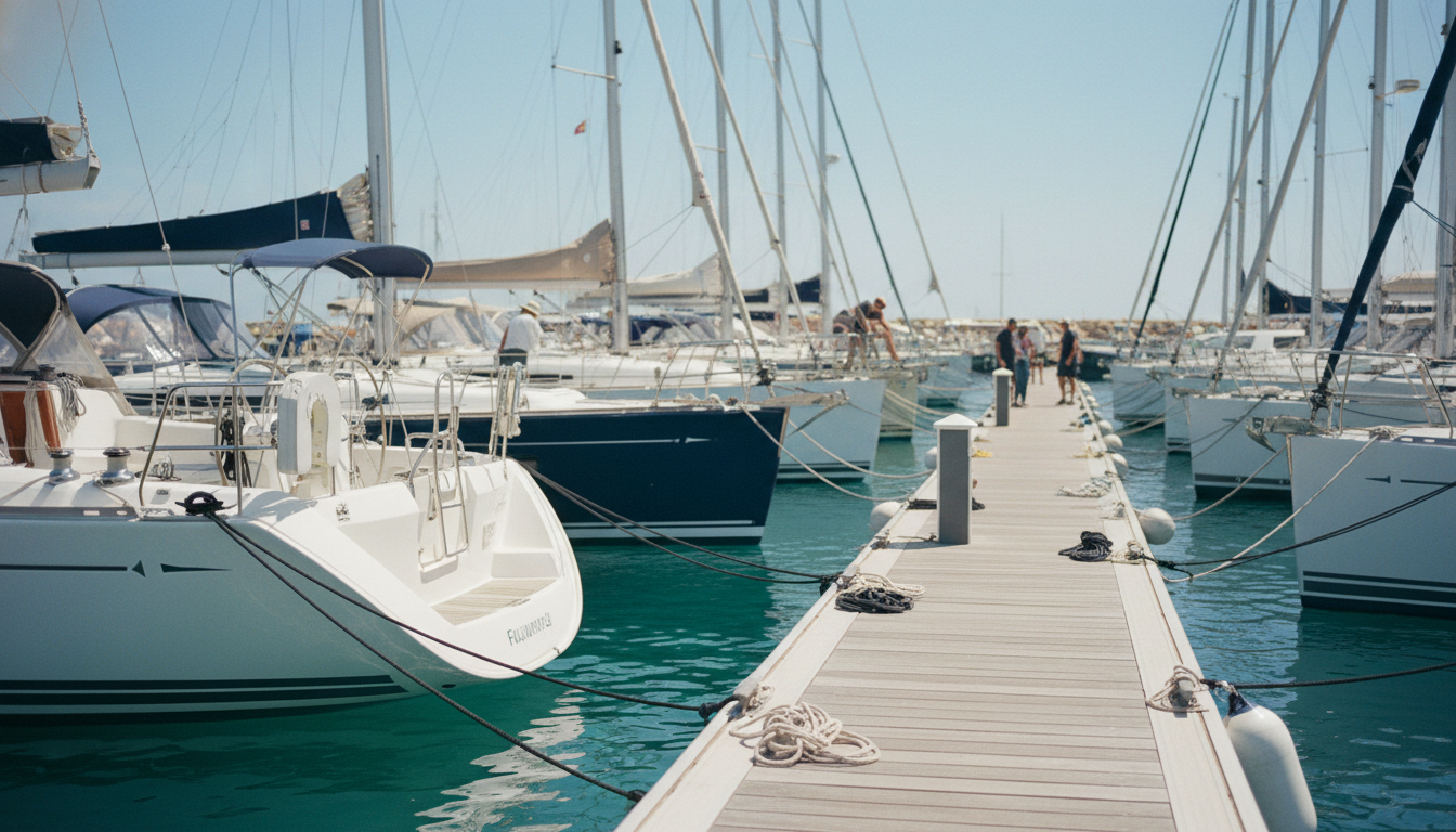 Yacht charter Marina: Segel- und Katamarane im Hafen Yacht charter Marina mit Segelbooten und Katamaranen an modernen Pontons, klares blaues Wasser, sonnig