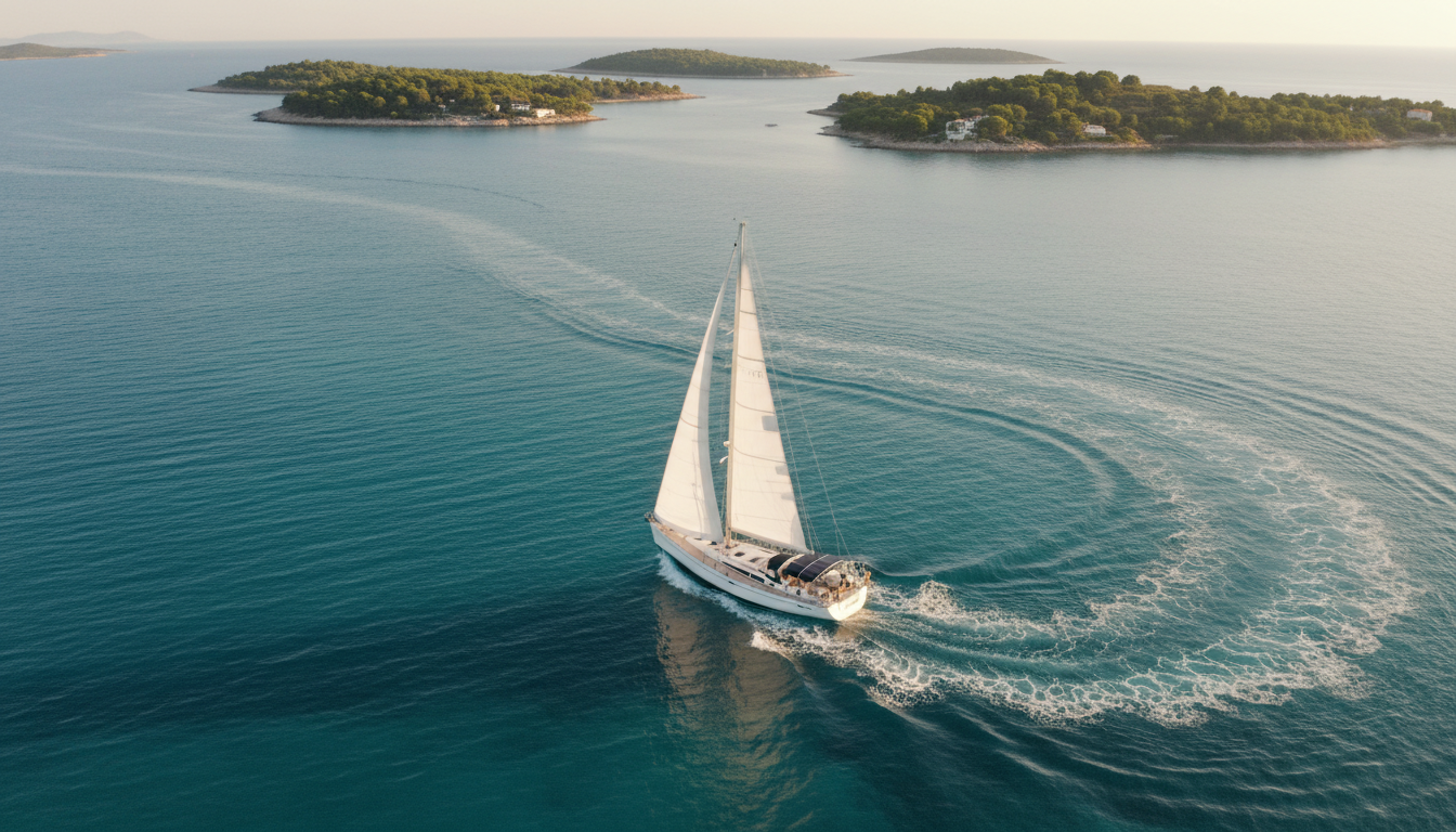 Yacht charter im Mittelmeer: Segelyacht über Inseln Drohnenfoto: Segelyacht beim yacht charter, weiße Segel über türkisblauem Mittelmeer nahe grüner Insel