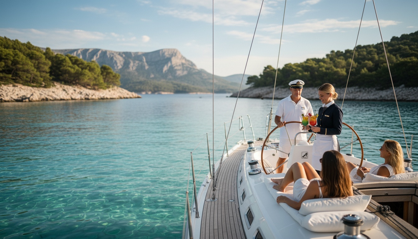 Yachtcharter Kroatien inklusive Skipper und Hostess Luxusyacht in türkiser Bucht mit Besatzung: Yachtcharter Kroatien inklusive Skipper und Hostess, Drinks auf Deck.