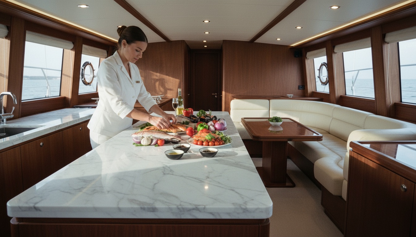 Yachtcharter Kroatien inklusive Skipper und Hostess Luxuriöser Yachtsalon, Hostess bereitet mediterranes Menü – ideal für Yachtcharter Kroatien inklusive Skipper und Hostess