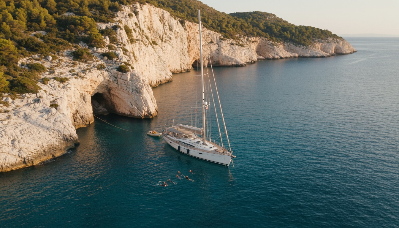Yachtcharter Kroatien inklusive Skipper und Hostess Yachtcharter Kroatien inklusive Skipper und Hostess: Luxusyacht vor Anker in türkisfarbener Bucht, Gäste schnorcheln
