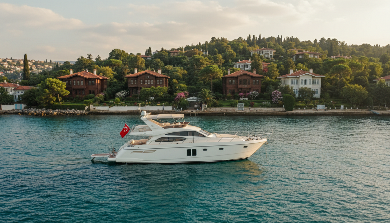 Bootstour Istanbul asiatische Seite - Buyukada Yacht Bootstour Istanbul asiatische Seite: Drohnenaufnahme einer privaten Yacht vor Buyukada, türkisblaues Wasser und osmanische Holzhäuser