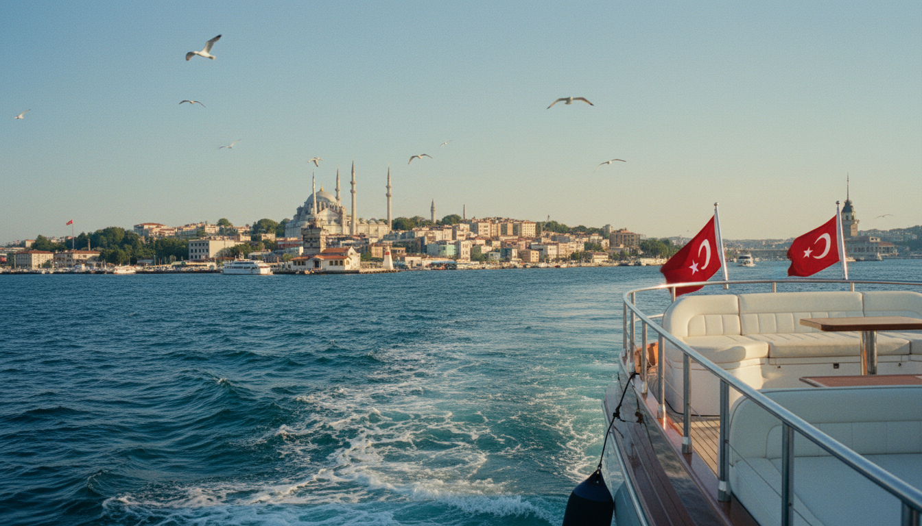 Bootstour Istanbul asiatische Seite – Luxusjacht Luxusyacht auf Bootstour Istanbul asiatische Seite mit Kadikoy-Ufer und Leanderturm im klaren Bosporus