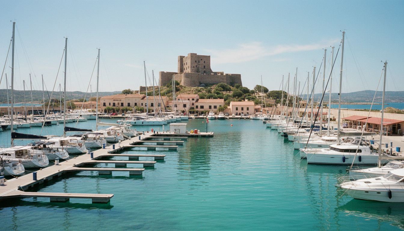 Castelsardo Sassari Hafen mit Yachten und Burg Castelsardo Sassari Hafen aus der Vogelperspektive mit Yachten, Katamaranen und mittelalterlicher Burg über blauem Wasser