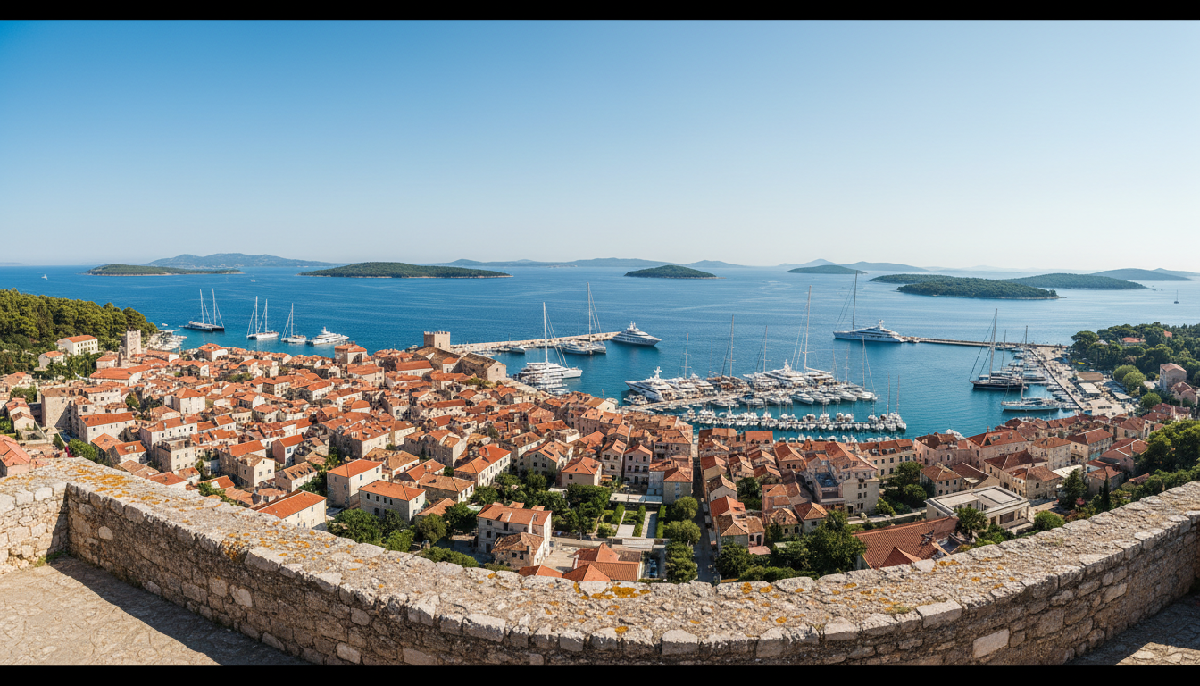Panorama von der Hvar Festung über Hafen mit Yachten, roten Dächern und Pakleni-Inseln im Mittelmeerlicht