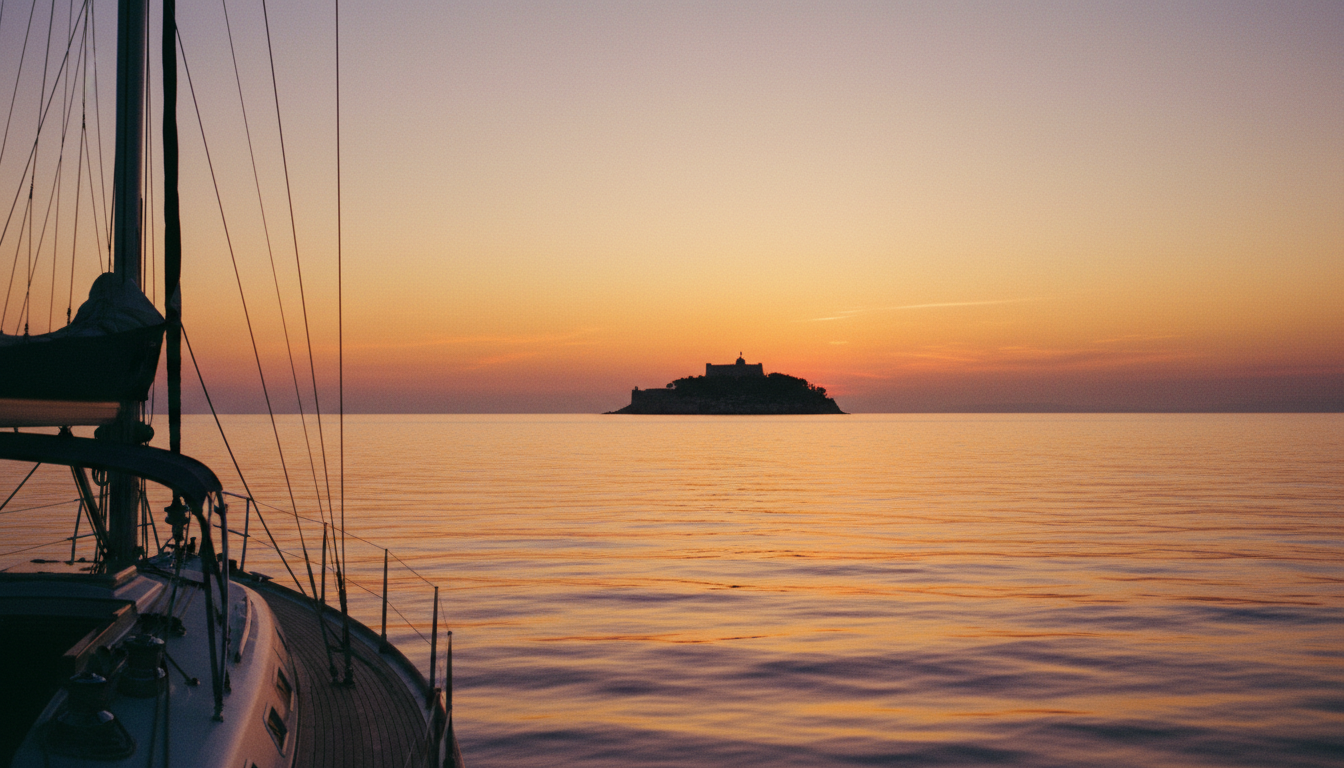 Silhouette der Hvar Festung auf dem Hügel bei spektakulärem Sonnenuntergang, gesehen vom Yachtdeck mit Takelage vorn.