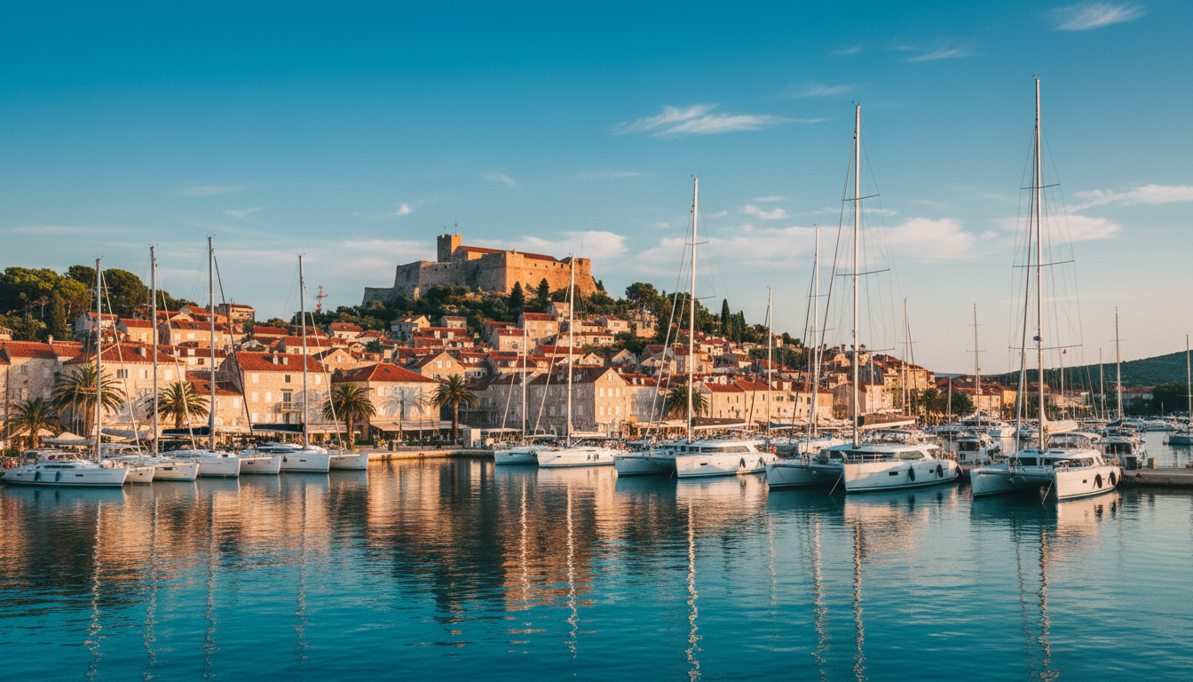 Segelyachten im Hafen von Hvar mit der hvar festung auf dem Hügel, Abendgold, kristallklares Adriatisches Wasser.