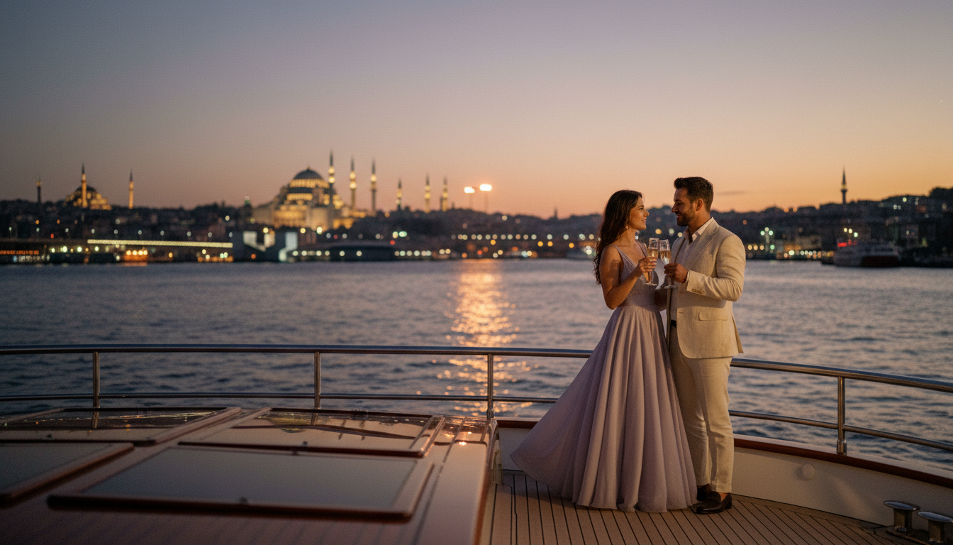 Istanbul Bootstour für Paare - Romantische Yachtfahrt Paar stößt mit Champagner auf Istanbul Bootstour für Paare bei Dämmerung, Stadtlichter spiegeln im Bosporus