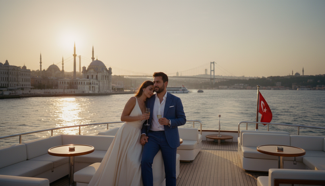 Istanbul Bootstour für Paare: Romantische Yachtfahrt Istanbul Bootstour für Paare: Romantisches Paar auf privater Luxusjacht bei Sonnenuntergang mit Bosporus-Skyline