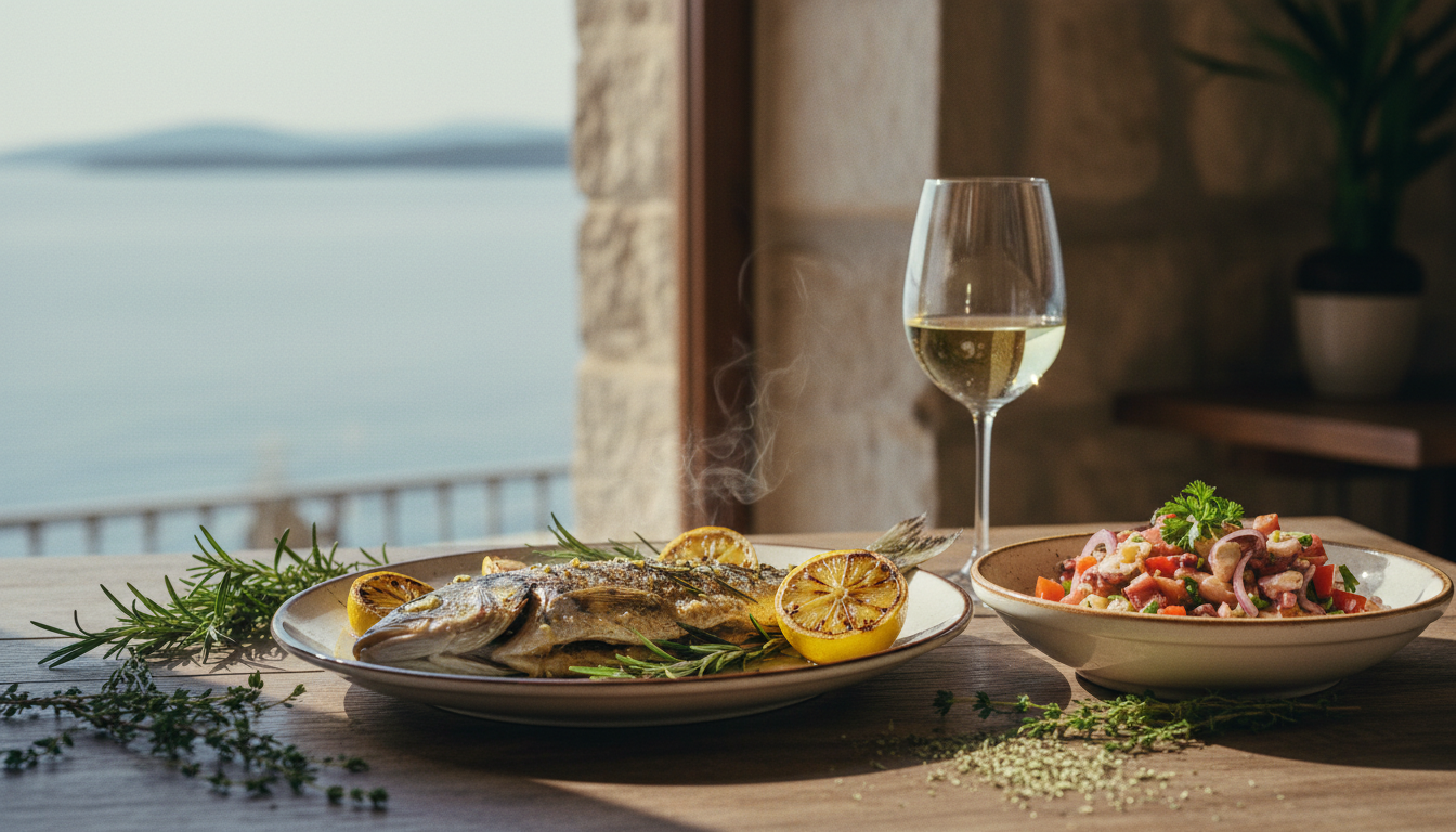 Kroatien Insel Hvar: Dalmatinische Küche am Meer Kroatien Insel Hvar: Gegrillter Fisch, Oktopussalat und Weißwein auf Holztisch mit Meerblick