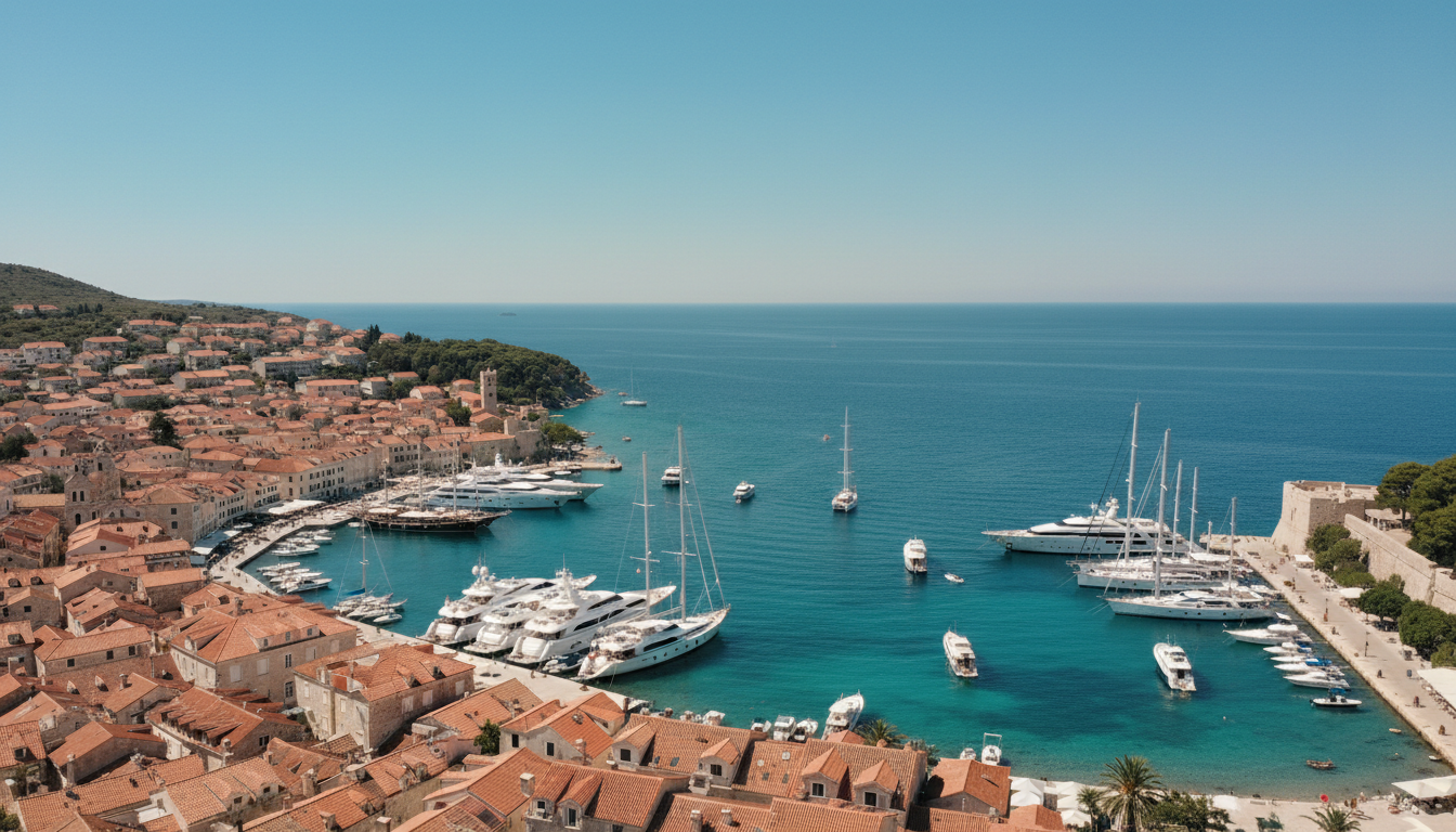 Kroatien Insel Hvar: Hafen mit Luxusyachten Drone-Luftaufnahme der kroatien insel hvar: Hafen mit Luxusyachten, terrakotta Dächern und türkisblauem Adriatischen Meer