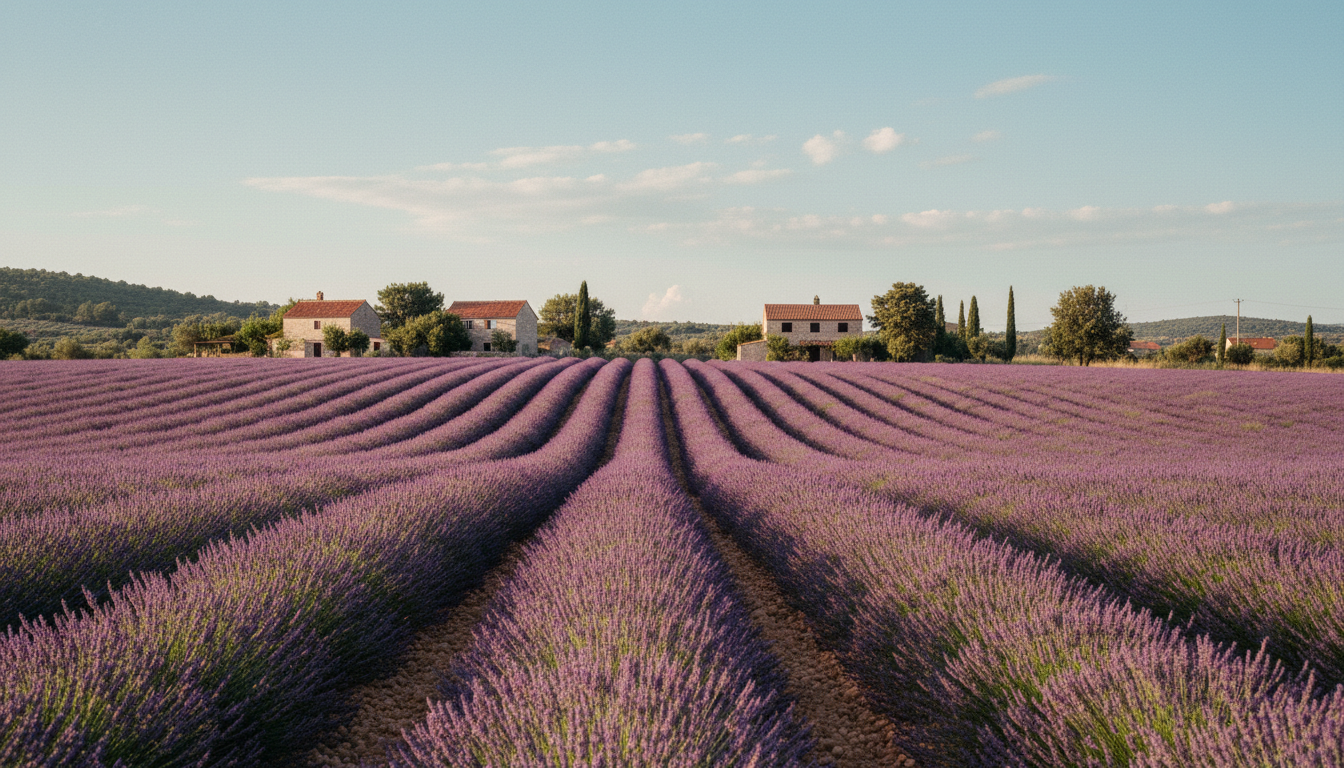 Kroatien Insel Hvar: Lavendelfelder und Steinhäuser Lavendelfelder im Inland der kroatien insel hvar mit Reihen violetter Pflanzen und Steinhaeusern im Sonnenlicht