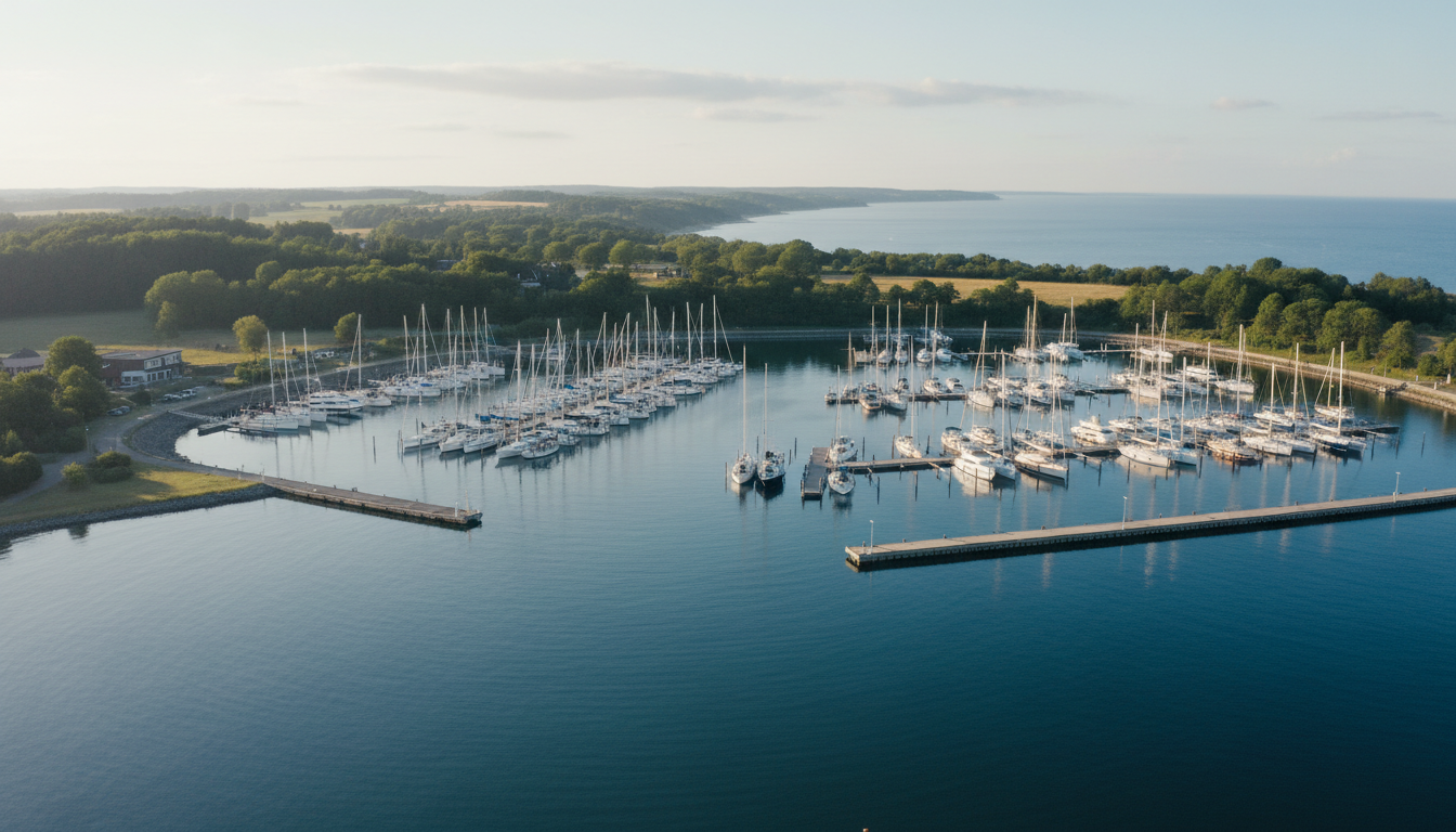 Leuchtturm Dahmeshöved: Marina Luftaufnahme Ostsee Luftaufnahme des Leuchtturm Dahmeshöved und der modernen Ostsee-Marina mit Segel- und Motorbooten an Holzstegen.