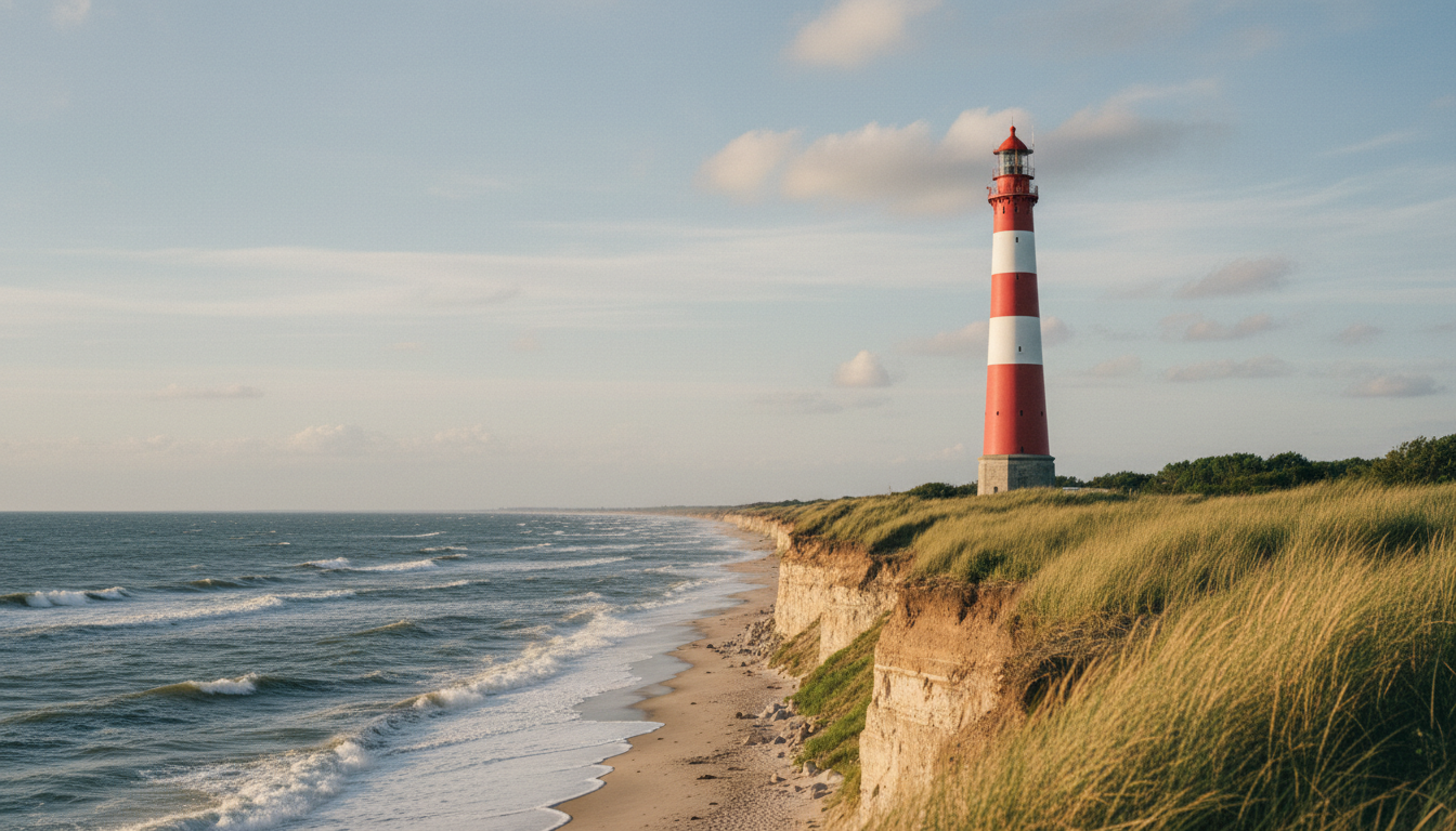 Leuchtturm Dahmeshöved - Rote weiße Küste an der Ostsee Leuchtturm Dahmeshöved auf einer Klippe mit rot-weißen Streifen, Ostseeküste und Strandperspektive bei blauem Himmel