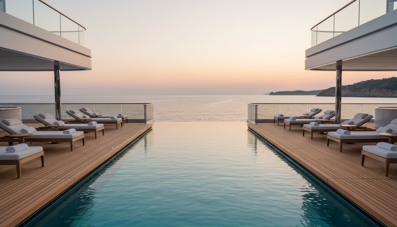 8K-Aufnahme eines Infinity-Pools (piscinas) auf dem Sundeck einer Megayacht, teakdeck und Meerblick bei Golden Hour.