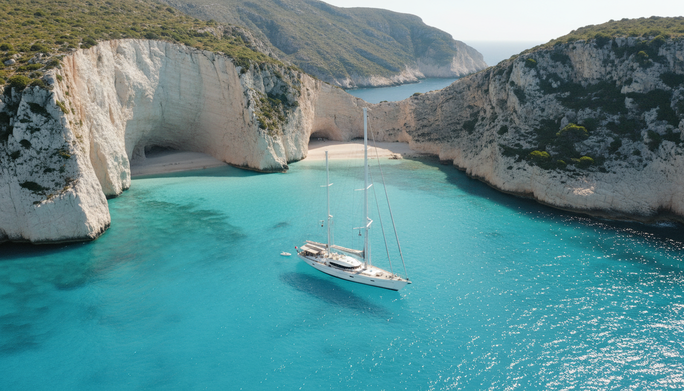Luxus-Segelyacht tuerkis Bucht Drohne 4K Atemberaubende Luftaufnahme einer Luxus-Segelyacht, die in einer abgeschiedenen türkisfarbenen Bucht vor weißen Klippen ankert.