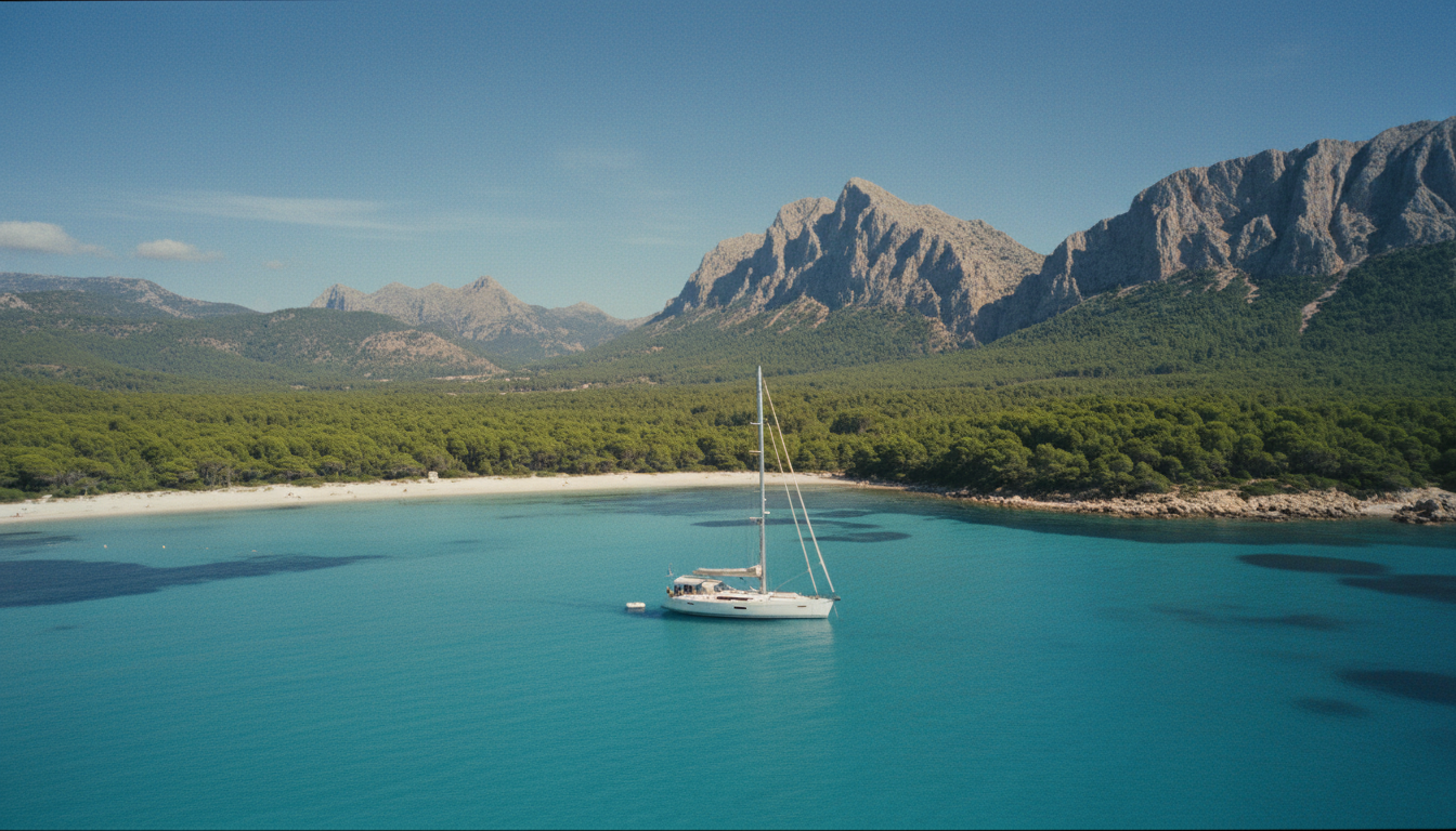 Luxusyacht vor Anker am Playa de Formentor – Drohne Drohnenfoto einer Luxusyacht in türkisblauem Wasser vor Playa de Formentor, Sandstrand und Tramuntana-Bergen