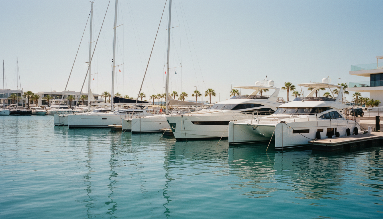 Luxusyachten im Showroom – Moderne Yachten im Hafen Mehrere Luxusyachten, Segel- und Motoryachten sowie Katamarane im modernen Marina-Showroom bei Sonnenschein