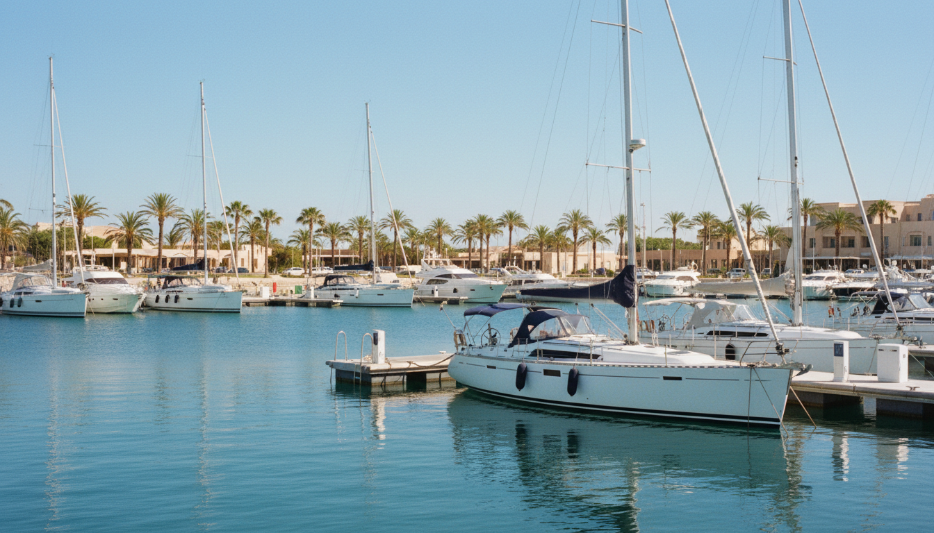 Segelyachten am modernen Schwimmponton der Marina di Torregrande in Oristano, türkisblaues Wasser, Promenade und Palmen.