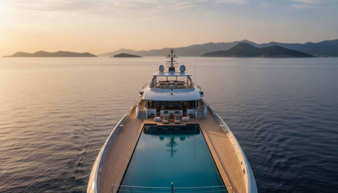 Luftaufnahme einer Luxus-Mega-Yacht mit riesigem Infinity-Pool und piscinas am Heck, Mittelmeerküste bei Sonnenuntergang.
