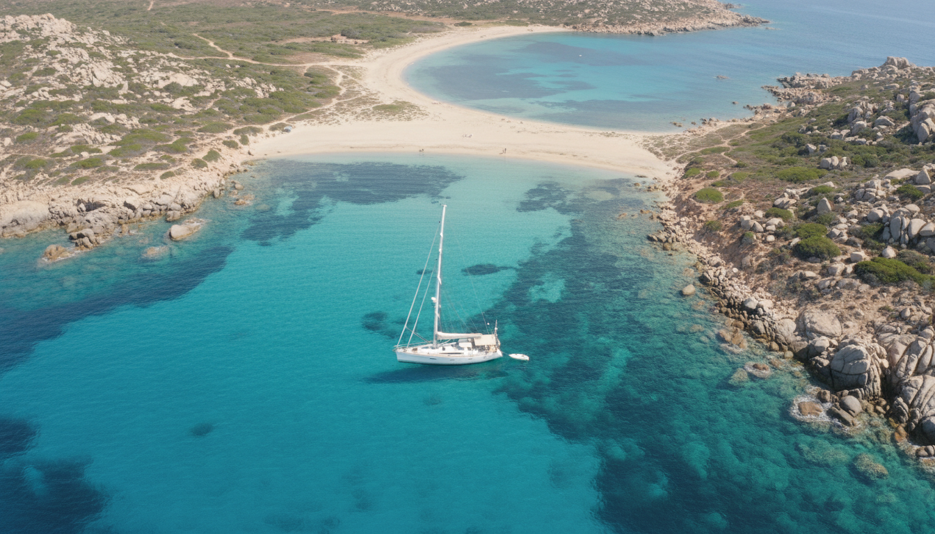 Atemberaubende Luftaufnahme der Isola Mal di Ventre bei Oristano mit türkisfarbener Bucht und Segelyacht