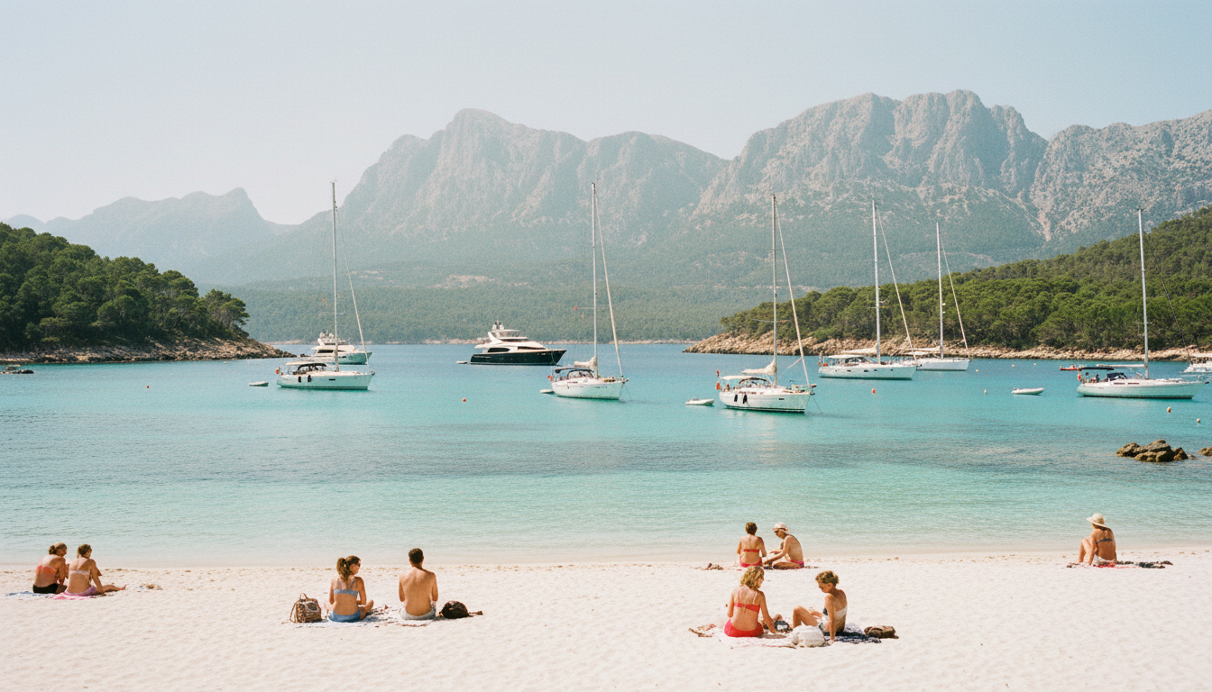 Playa de Formentor Luxusjachten in Bucht Mehrere Luxusyachten ankern in der türkisblauen Bucht von Playa de Formentor vor weißem Sand und Pinien.