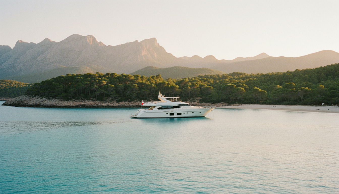 Playa de Formentor: Luxusyacht im Sonnenuntergang Luxusyacht ankert bei Playa de Formentor in türkisfarbener Bucht bei Sonnenuntergang