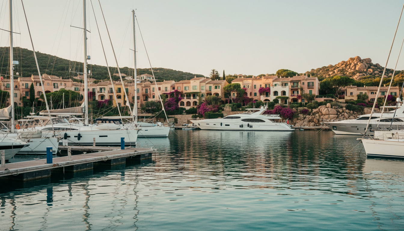 Porto Cervo Arzachena Hafen bei Golden Hour, Luxusjachten an Holzstegen, türkisblaues Wasser und pastellfarbene Häuser