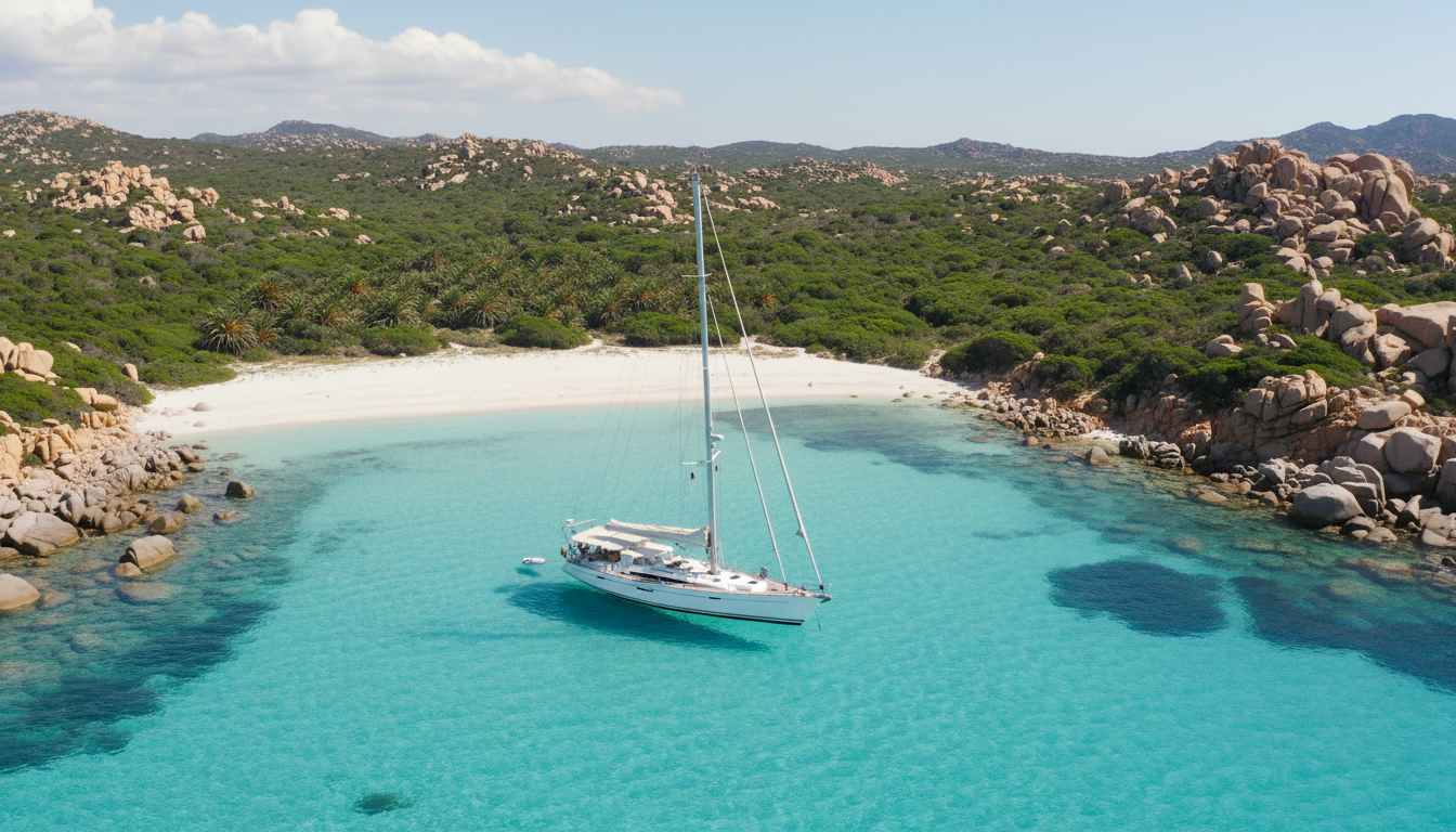 Luftaufnahme einer Luxusyacht in kristallklarer Bucht bei Porto Cervo Arzachena, weißer Sand und Granitfelsen