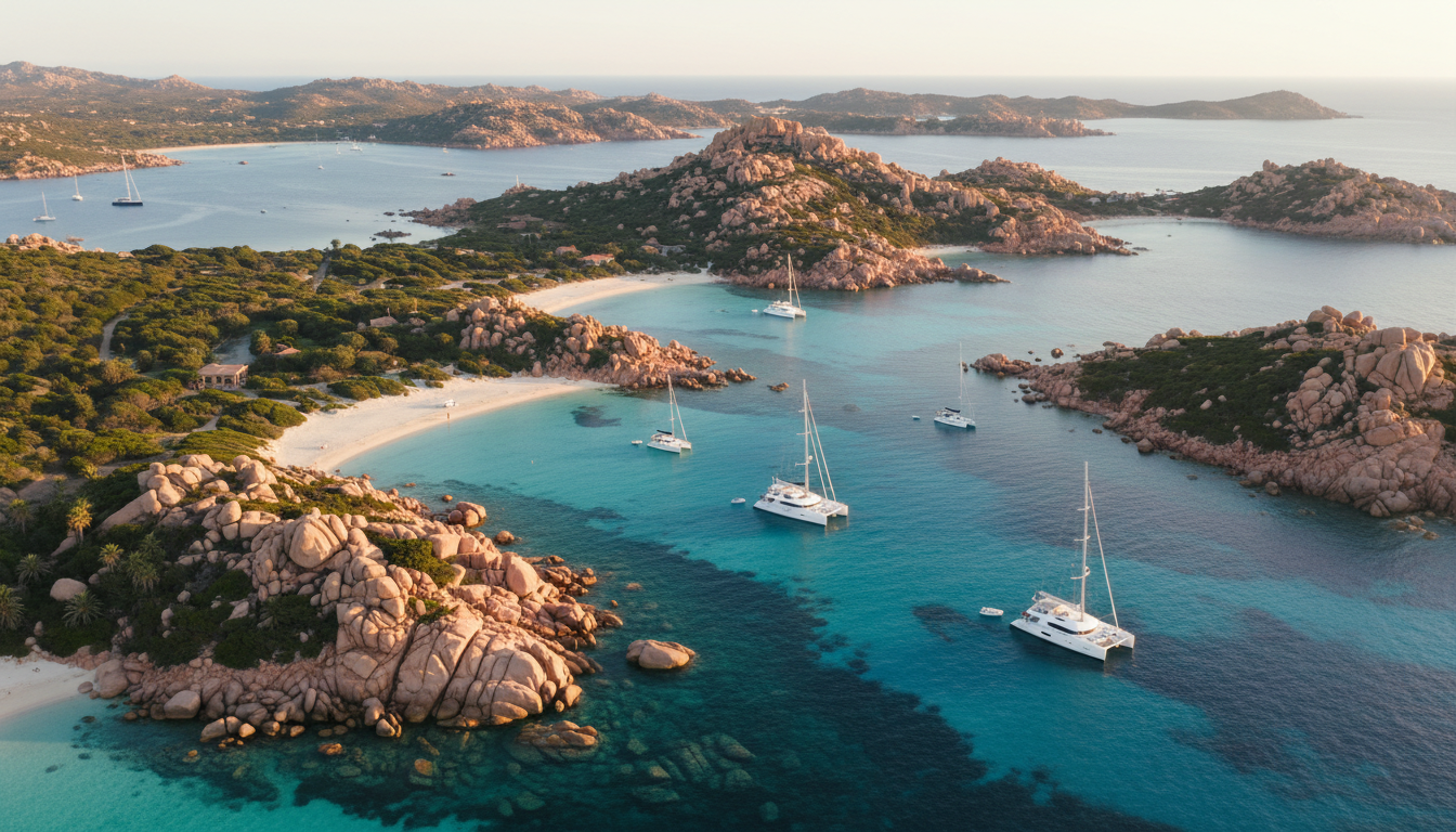 Santa Gallura Teresa - Drohnenfoto Maddalena Drohnen-Luftaufnahme bei Santa Gallura Teresa: türkisfarbene Buchten, Granitinseln und Yachten im goldenen Licht.
