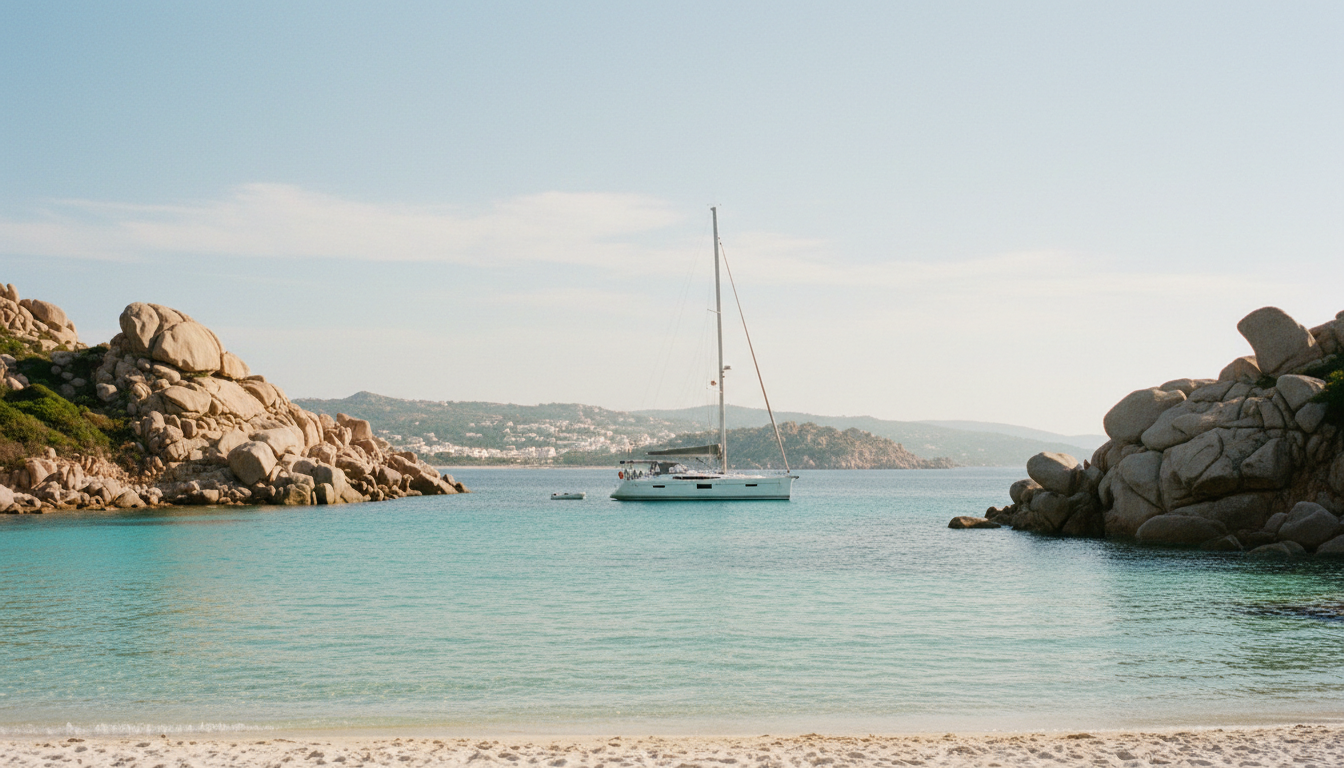 Santa Gallura Teresa – Segelyacht in türkisfarbener Bucht Moderne Segelyacht vor türkisfarbener Bucht und granitigen Klippen bei Santa Gallura Teresa, sonniger Tag