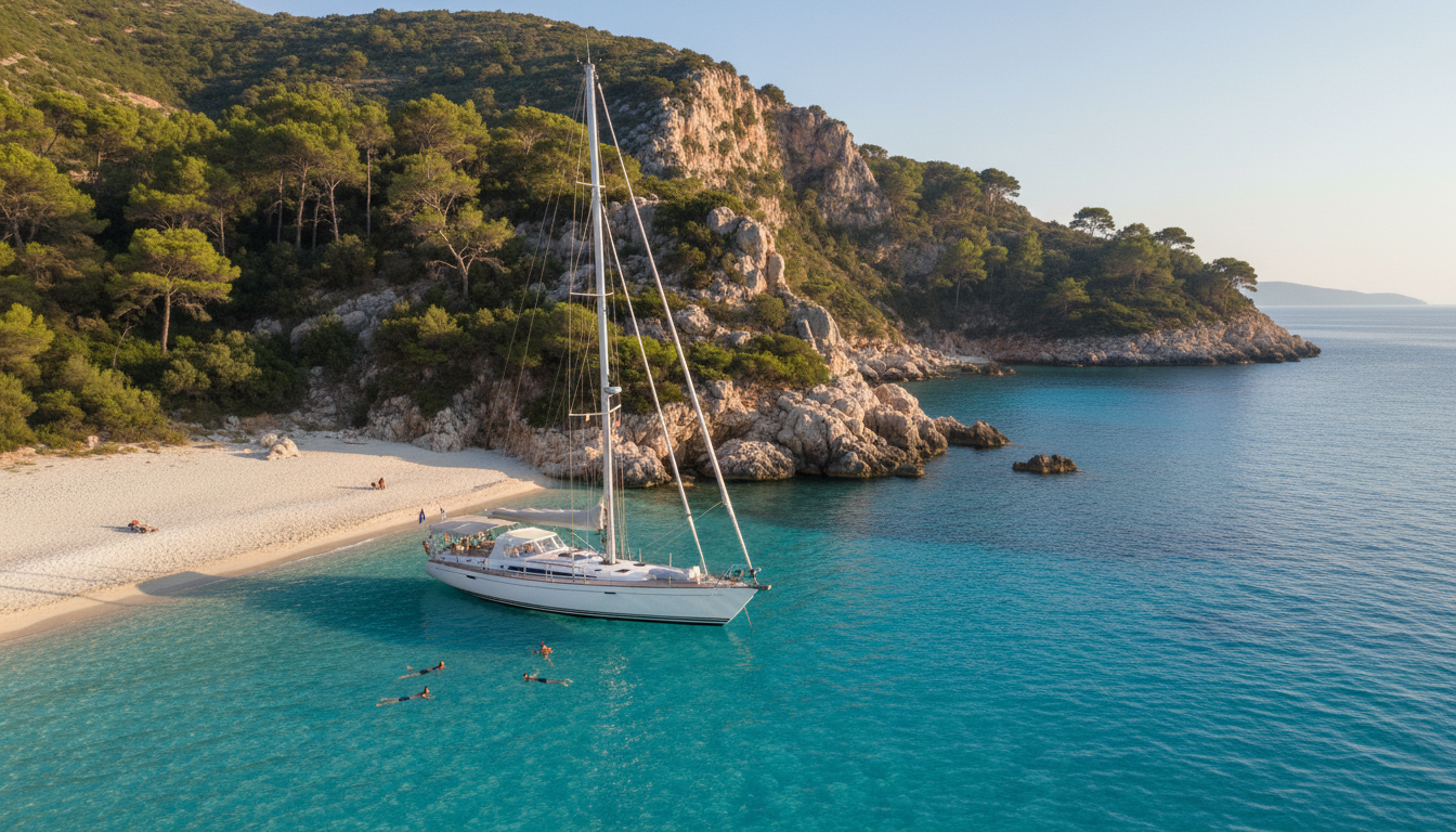 Sardinien Ferienhaus mit Pool – Traumhafte Bucht Sardinien Ferienhaus mit Pool nahe türkisfarbener Bucht, Segelyacht, Schwimmer und mediterrane Klippen aus Drohnenperspektive.