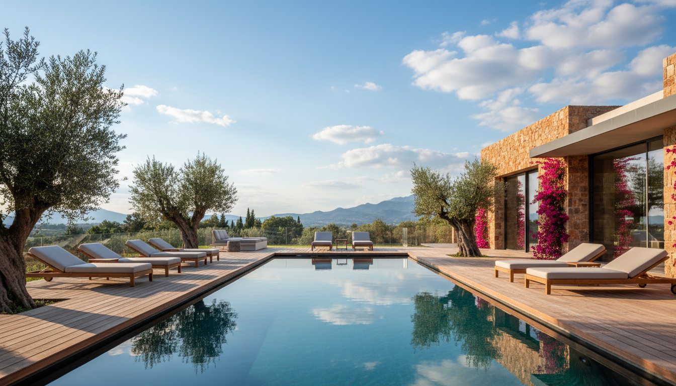 Sardinien Ferienhaus mit Pool – Luxuriöse Villa Sardinien Ferienhaus mit Pool: moderne Villa mit großem rechteckigen Pool, Holzdeck, Olivenbäumen und Bergblick