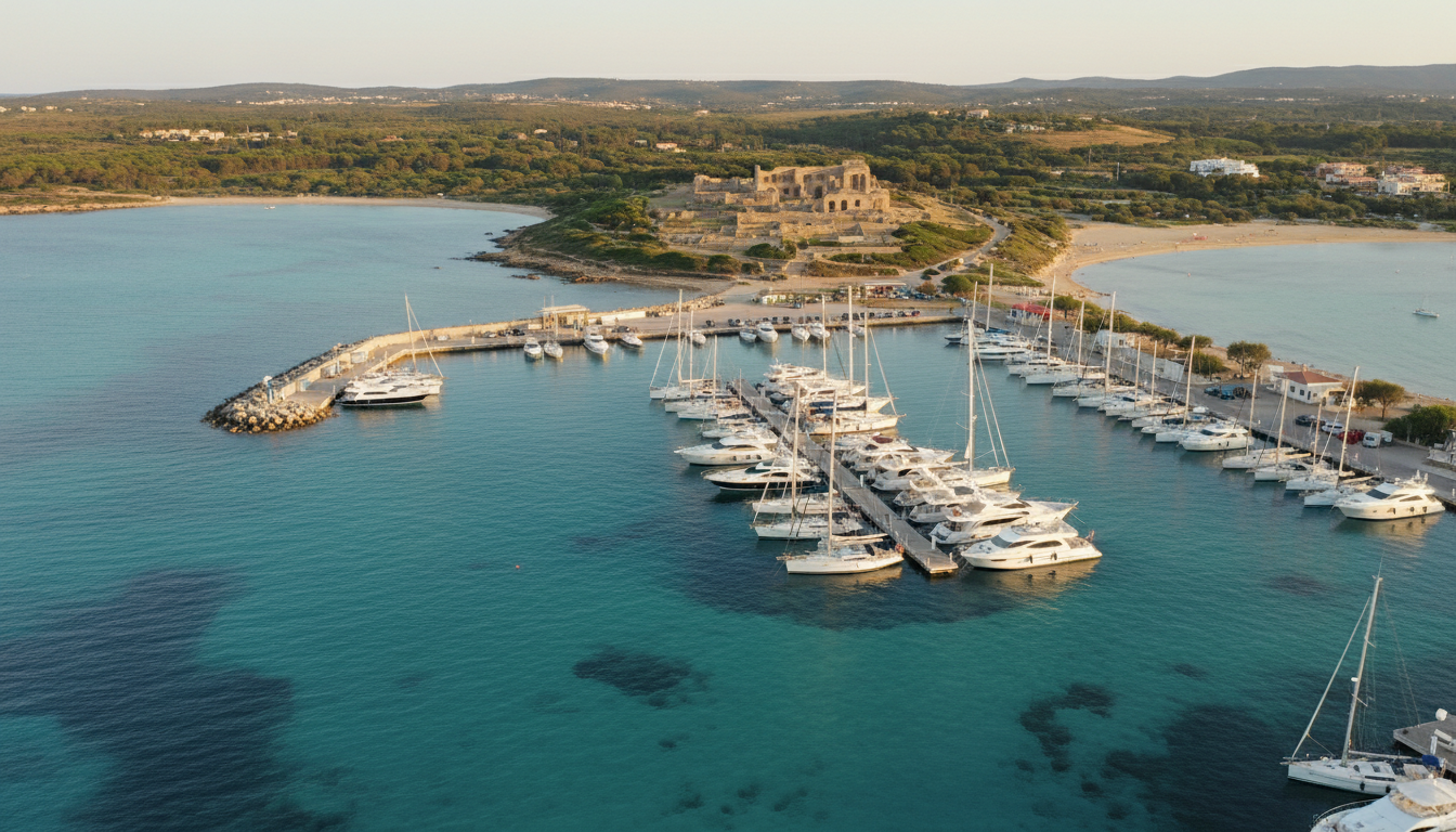 Marina di Nora Luftbild mit weißen Segelbooten, türkisfarbenem Wasser und antiken Nora-Ruinen – sardinien pula